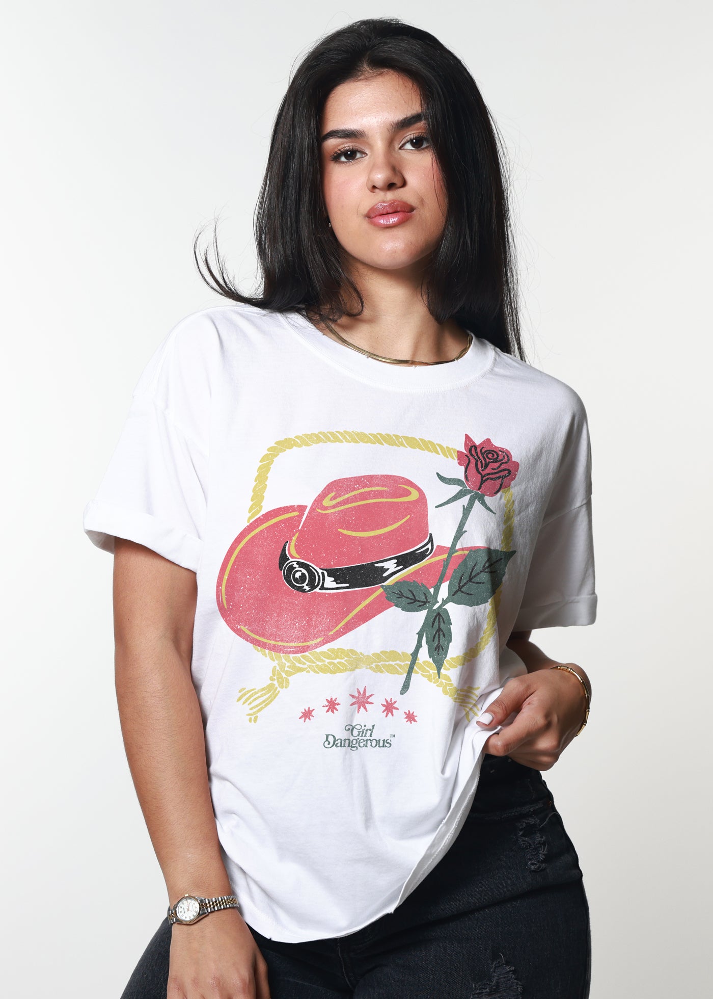 Cowboy Hat & Rose White Boyfriend Tee