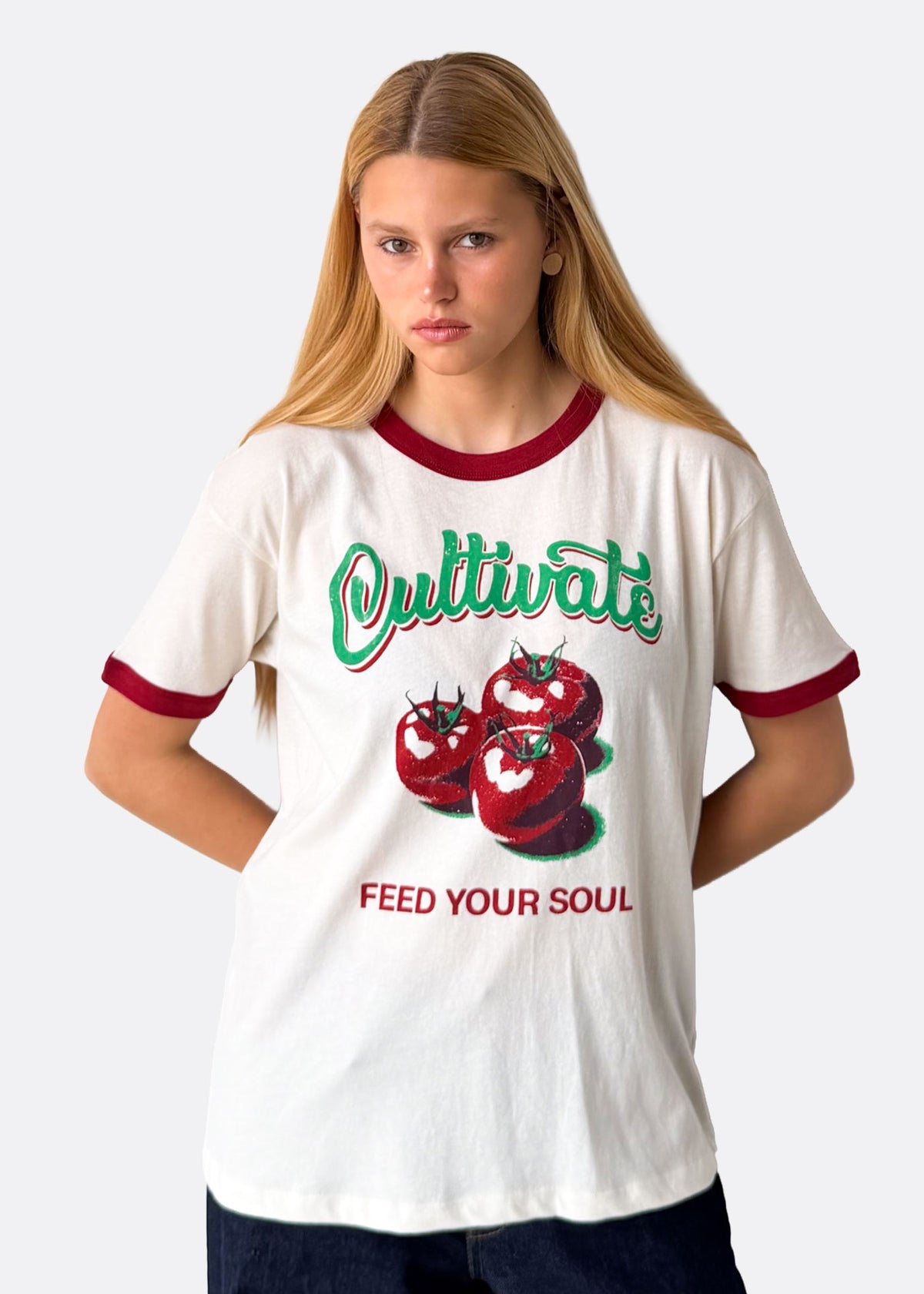 Cultivate Organic Bone with Red Slouchy Ringer Tee