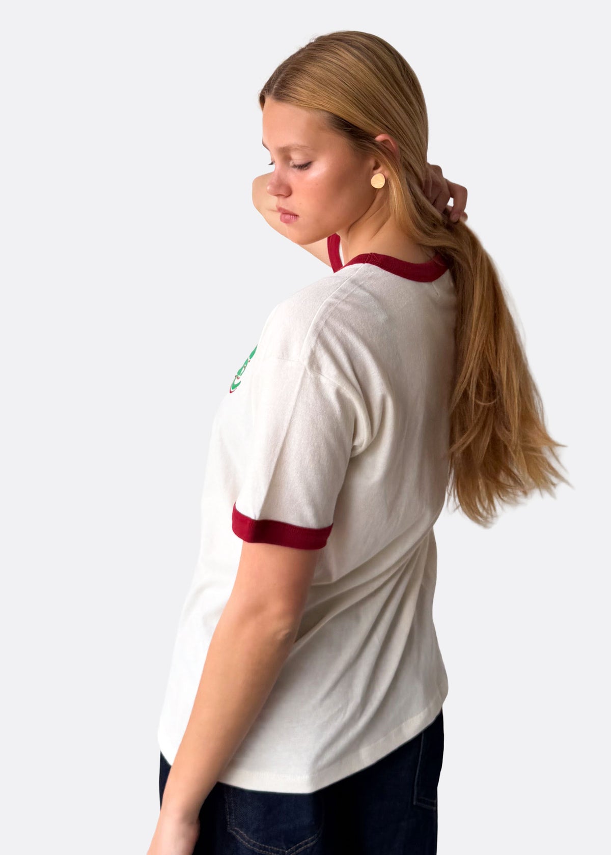 Cultivate Organic Bone with Red Slouchy Ringer Tee