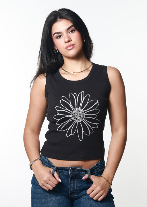 Daisy Outline Ribbed Black Cropped Tank
