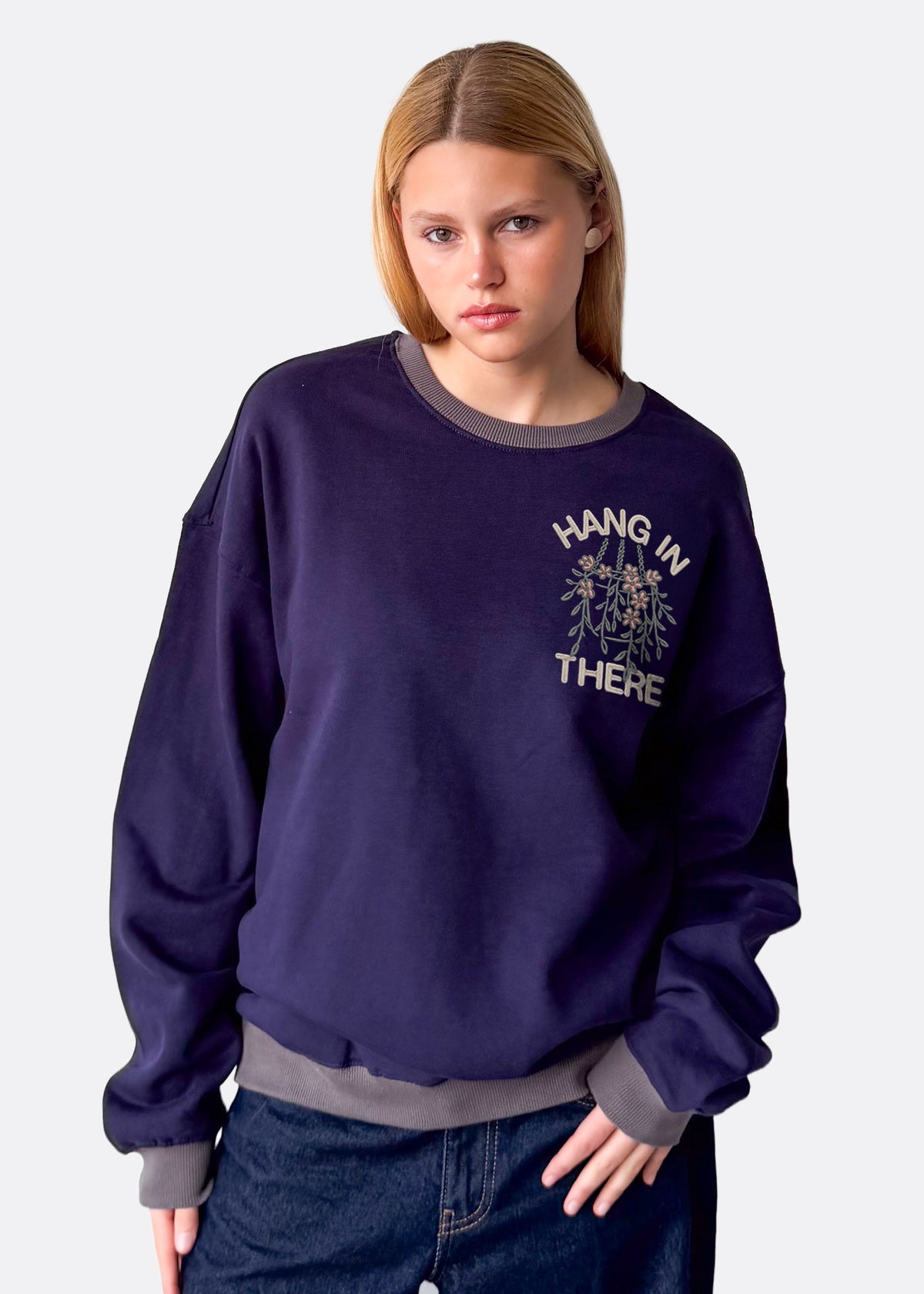 Hang In There Midnight Blue Oversized Crewneck Sweatshirt