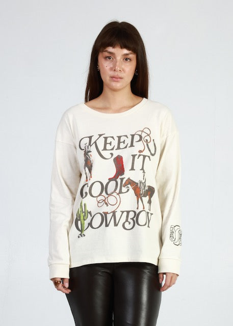 Keep It Cool Cowboy Off White Long Sleeve Crewneck Tee