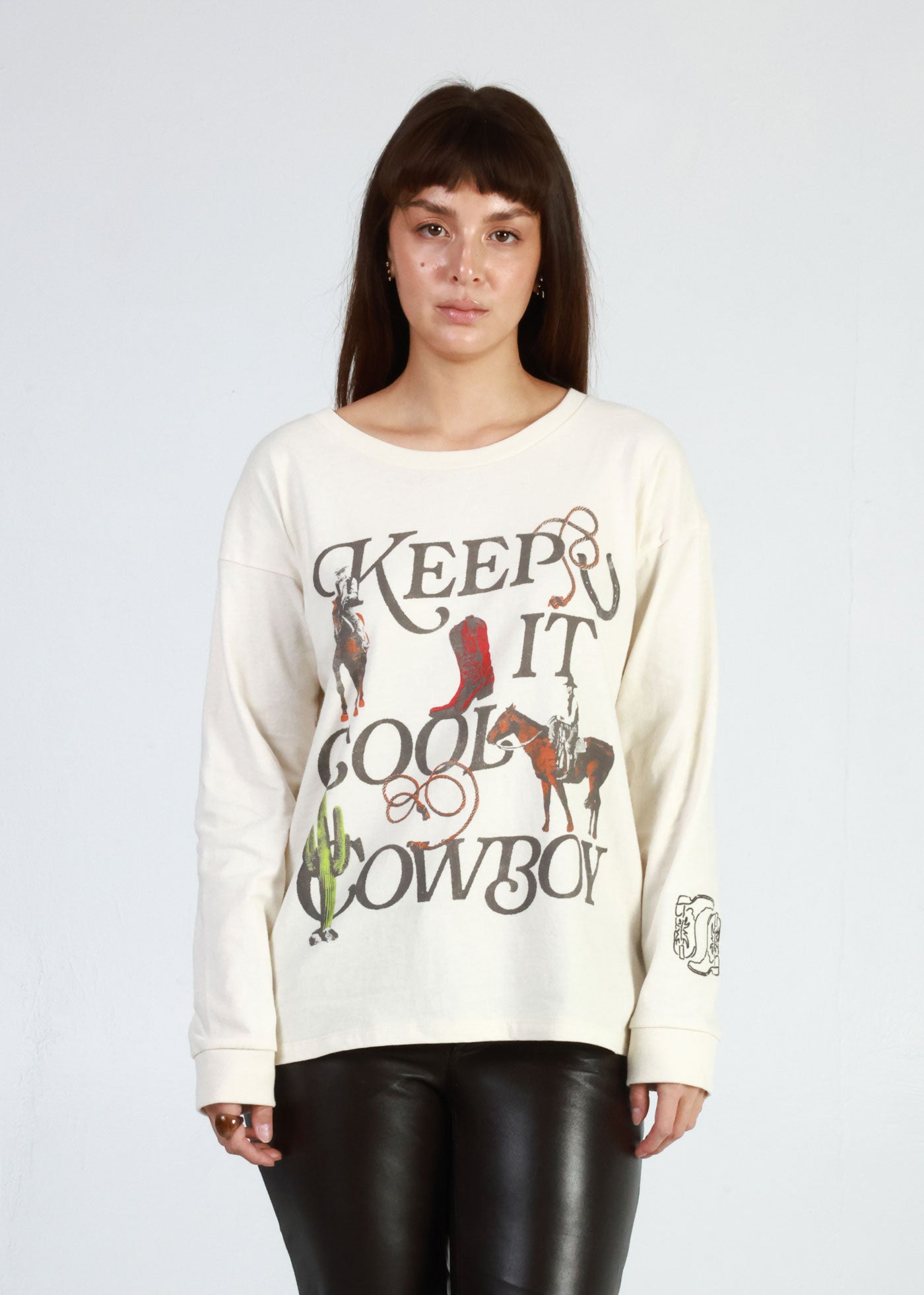 Keep It Cool Cowboy Off White Long Sleeve Crewneck Tee