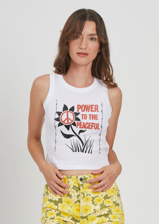 Power To The Peaceful Ribbed White Cropped Tank