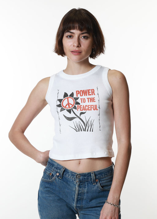 Power To The Peaceful Ribbed White Cropped Tank