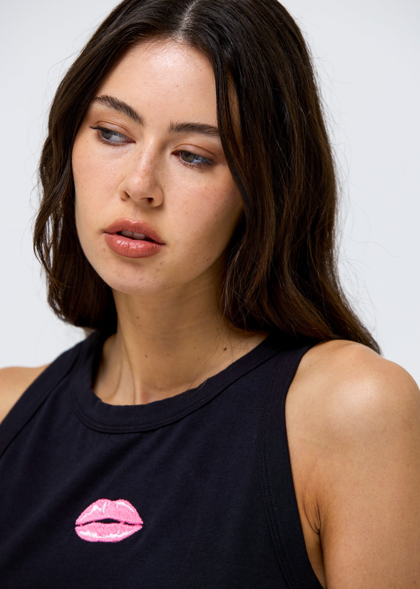 Lips Embroidery Black High Neck Tank
