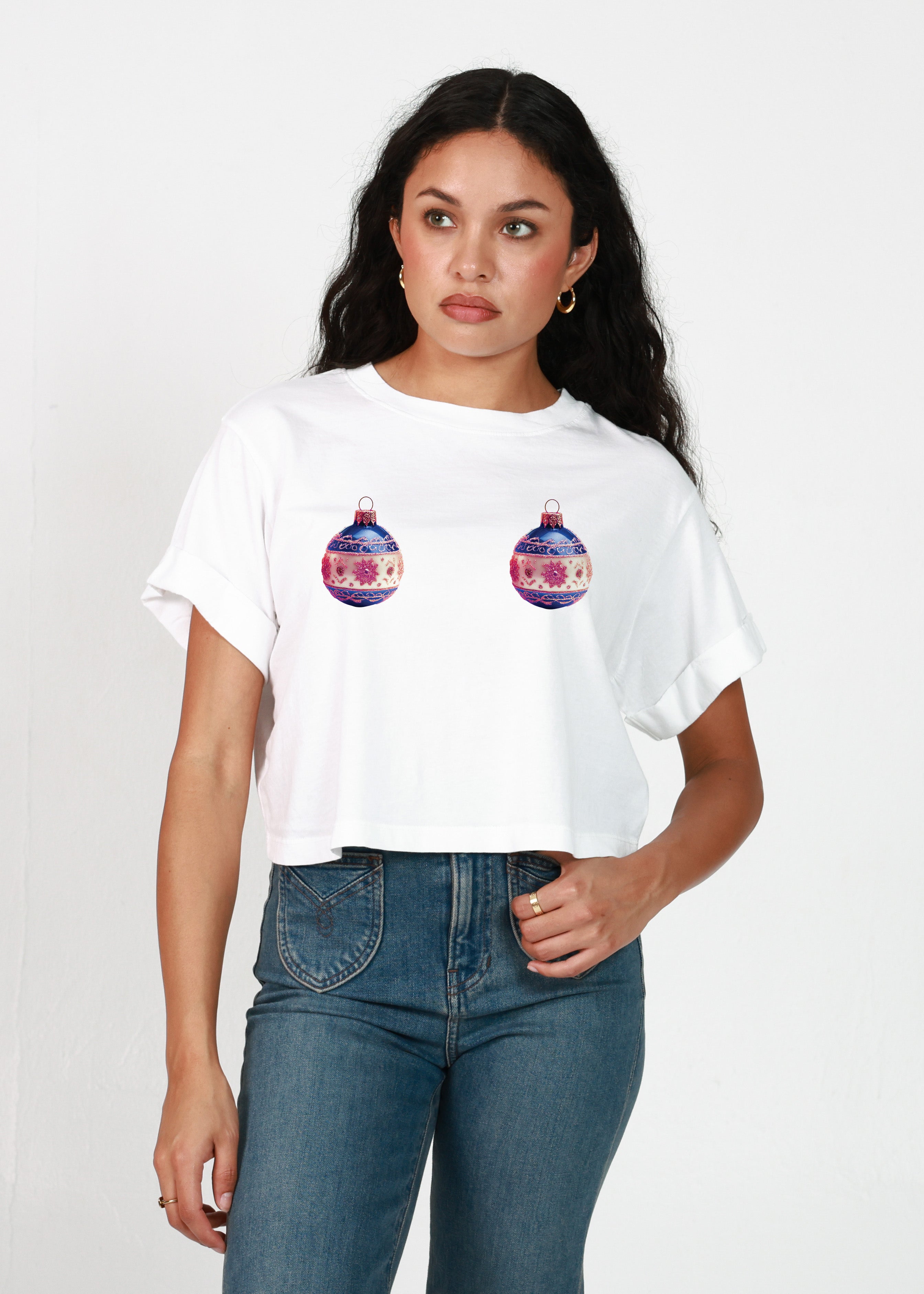 Holiday Ornaments Vintage White Cropped Boyfriend Tee