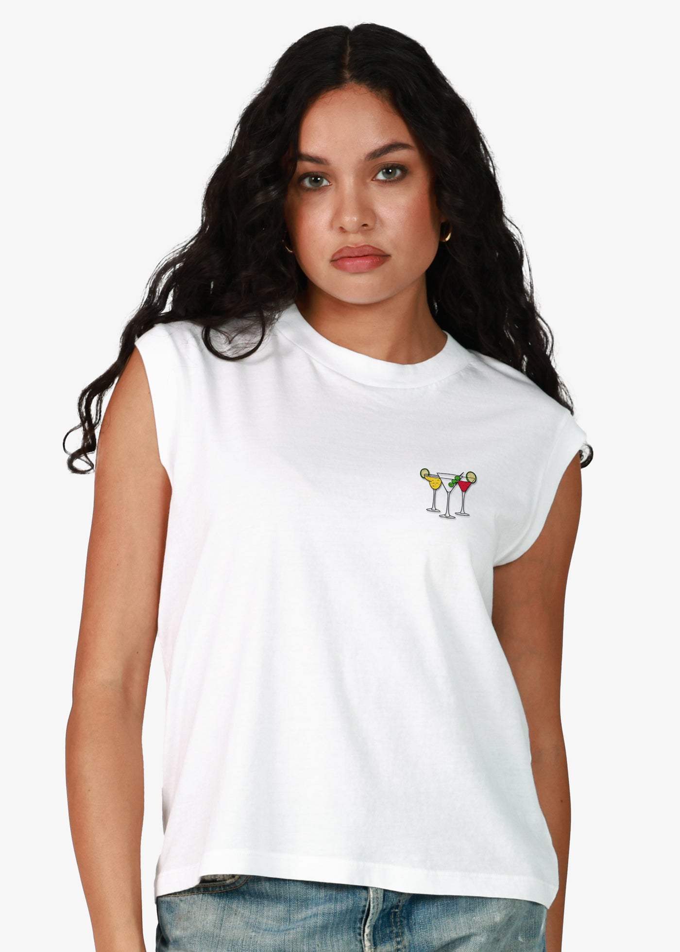Cocktails Embroidery White Moto Tee