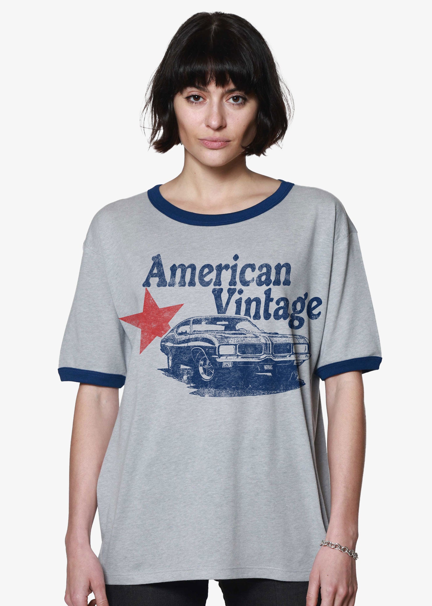 American Vintage Heather Grey & Cobalt Slouchy Ringer Tee