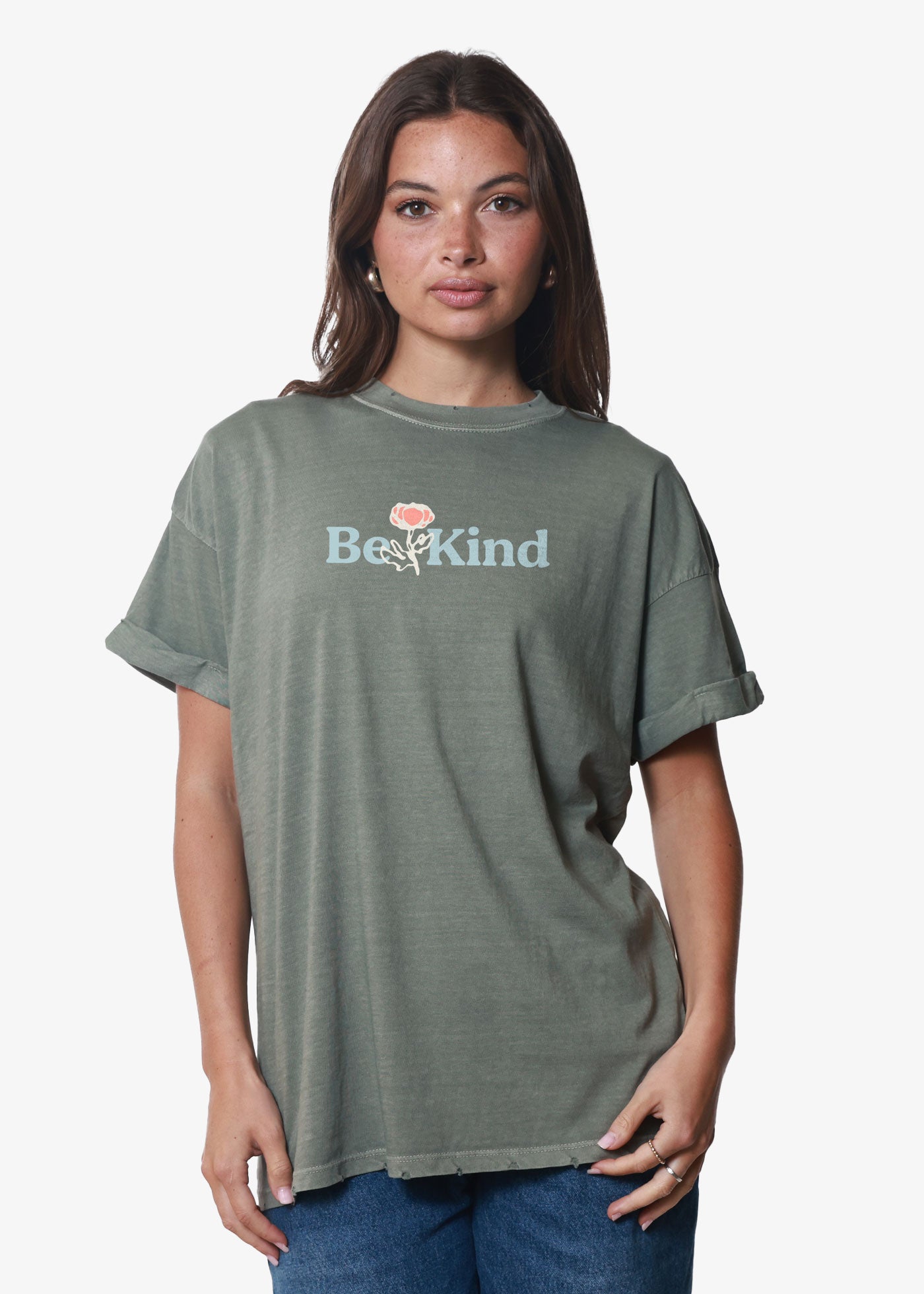 Be Kind Army Green Boyfriend Tee