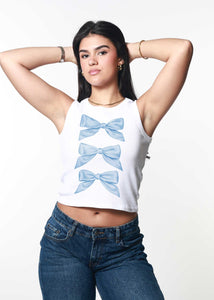 Blue Bows Ribbed White Cropped Tank