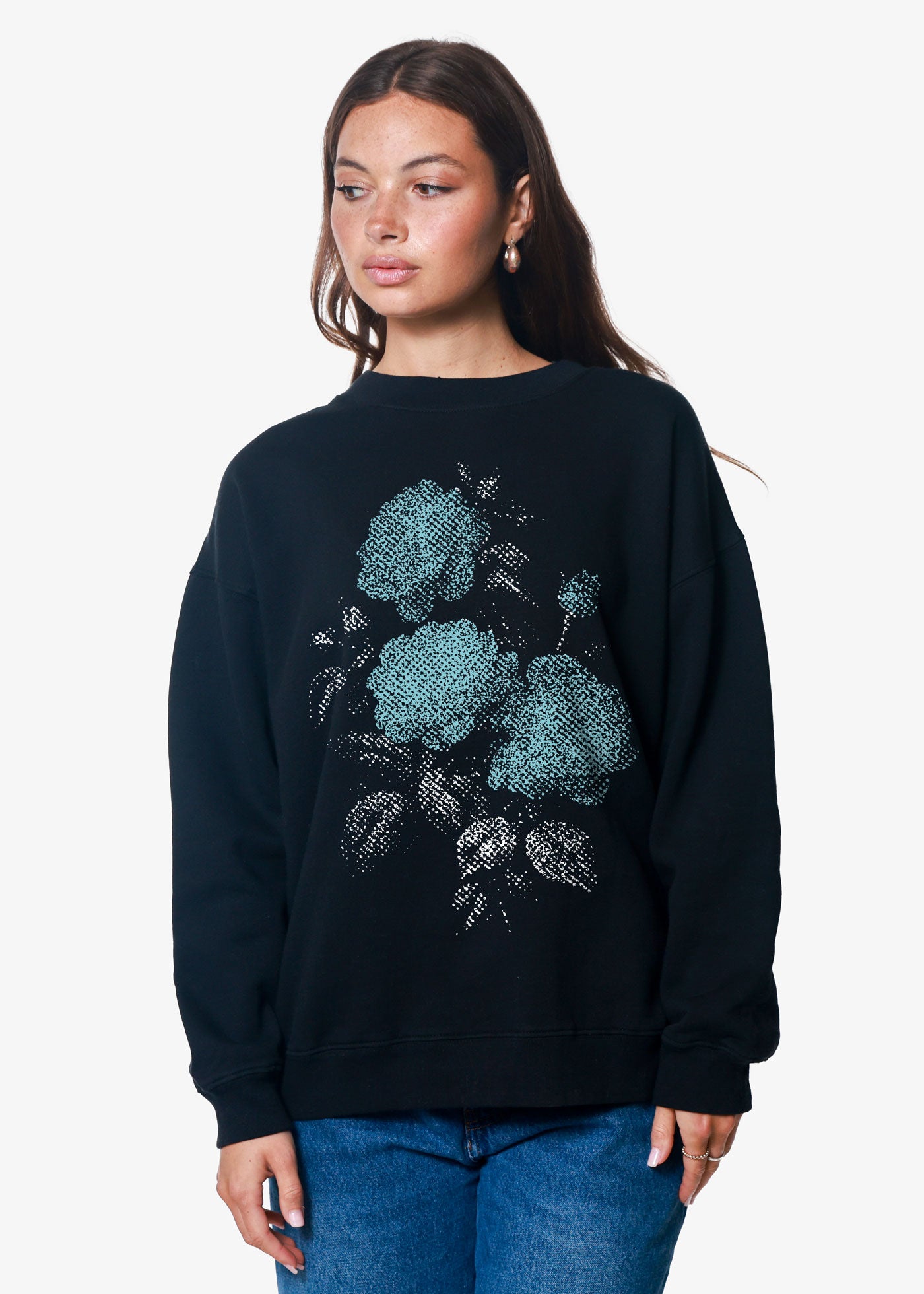 Blue Floral Oversized Black Crewneck Sweatshirt