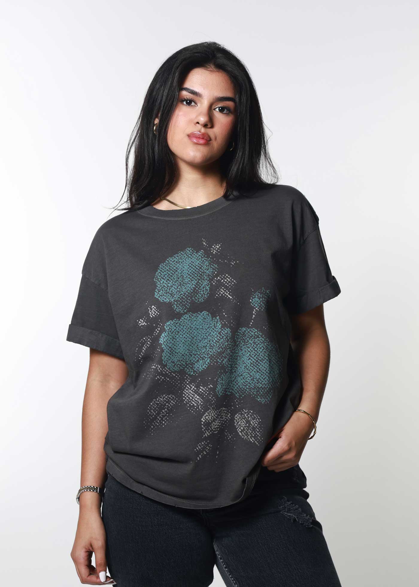 Blue Floral Black Boyfriend Tee