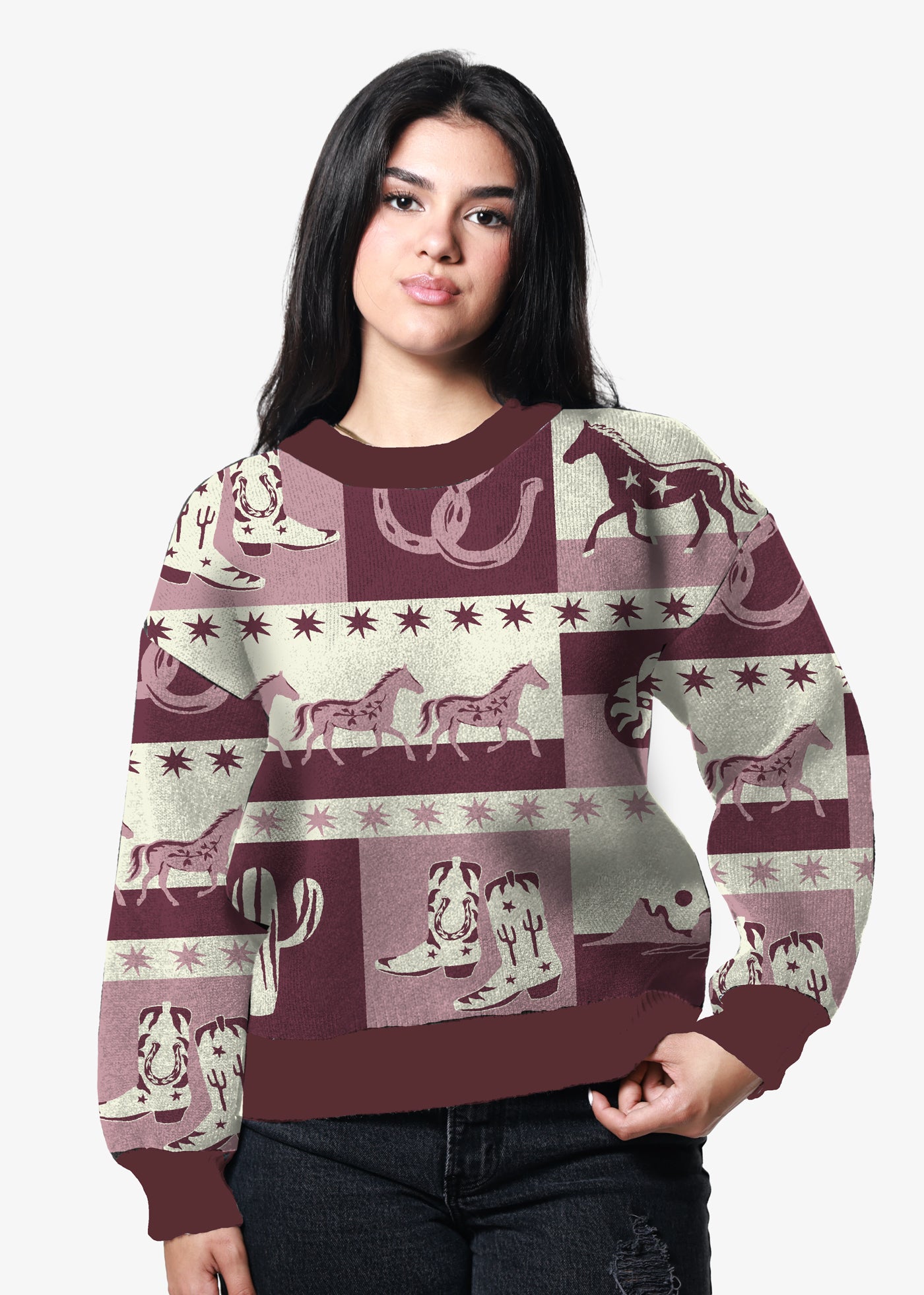 Western Print Dark Pink Oversized Sweater