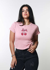 Cherry Bow Dusty Pink Baby Tee