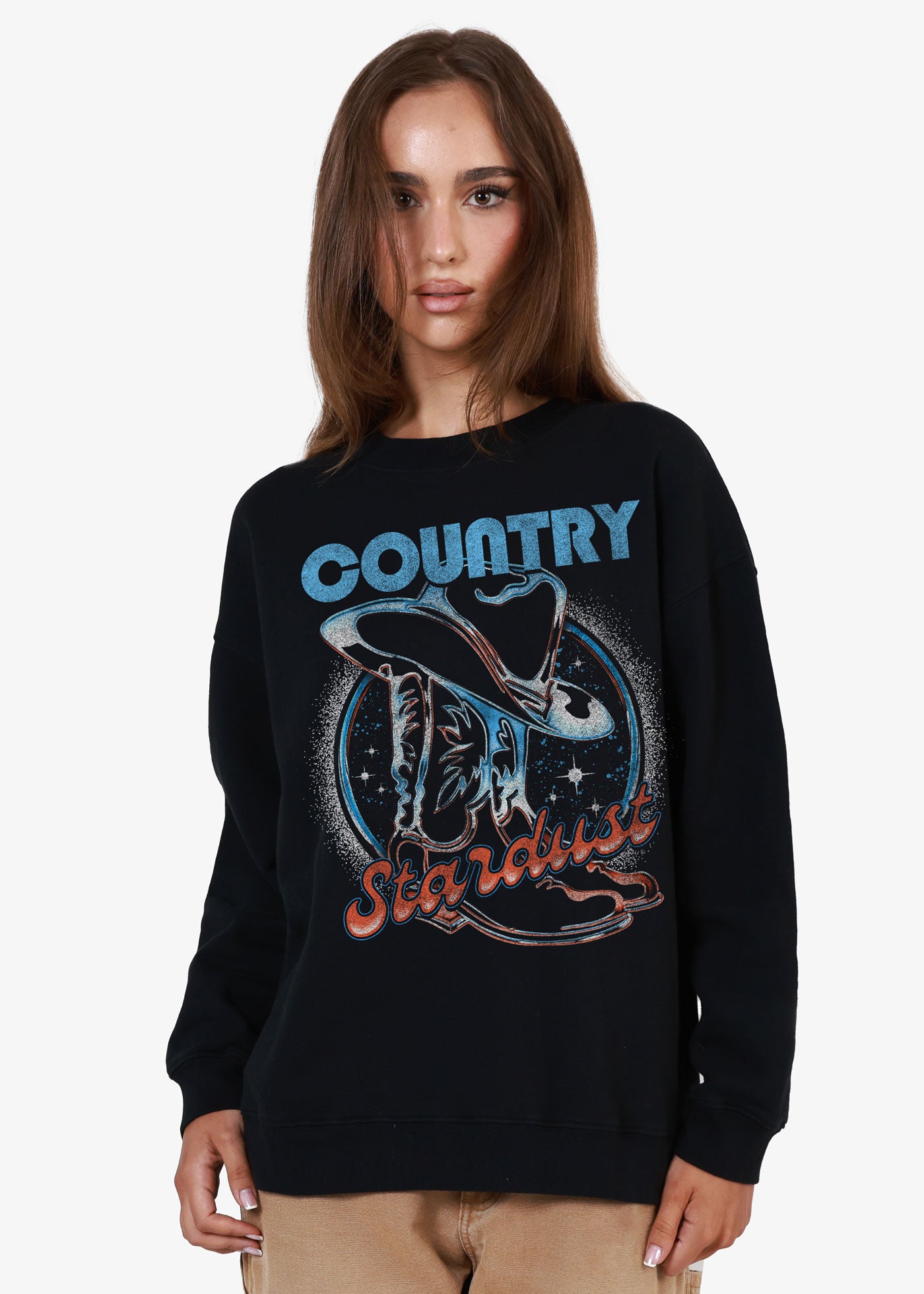 Country Stardust Oversized Black Crewneck Sweatshirt