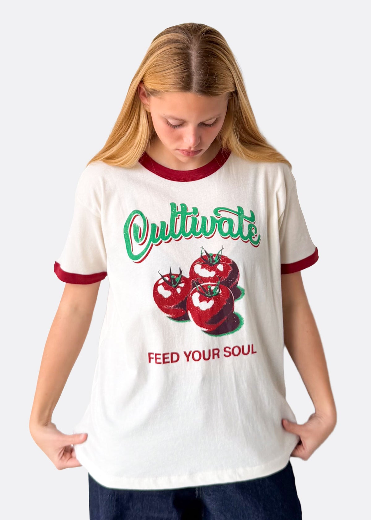 Cultivate Organic Bone with Red Slouchy Ringer Tee