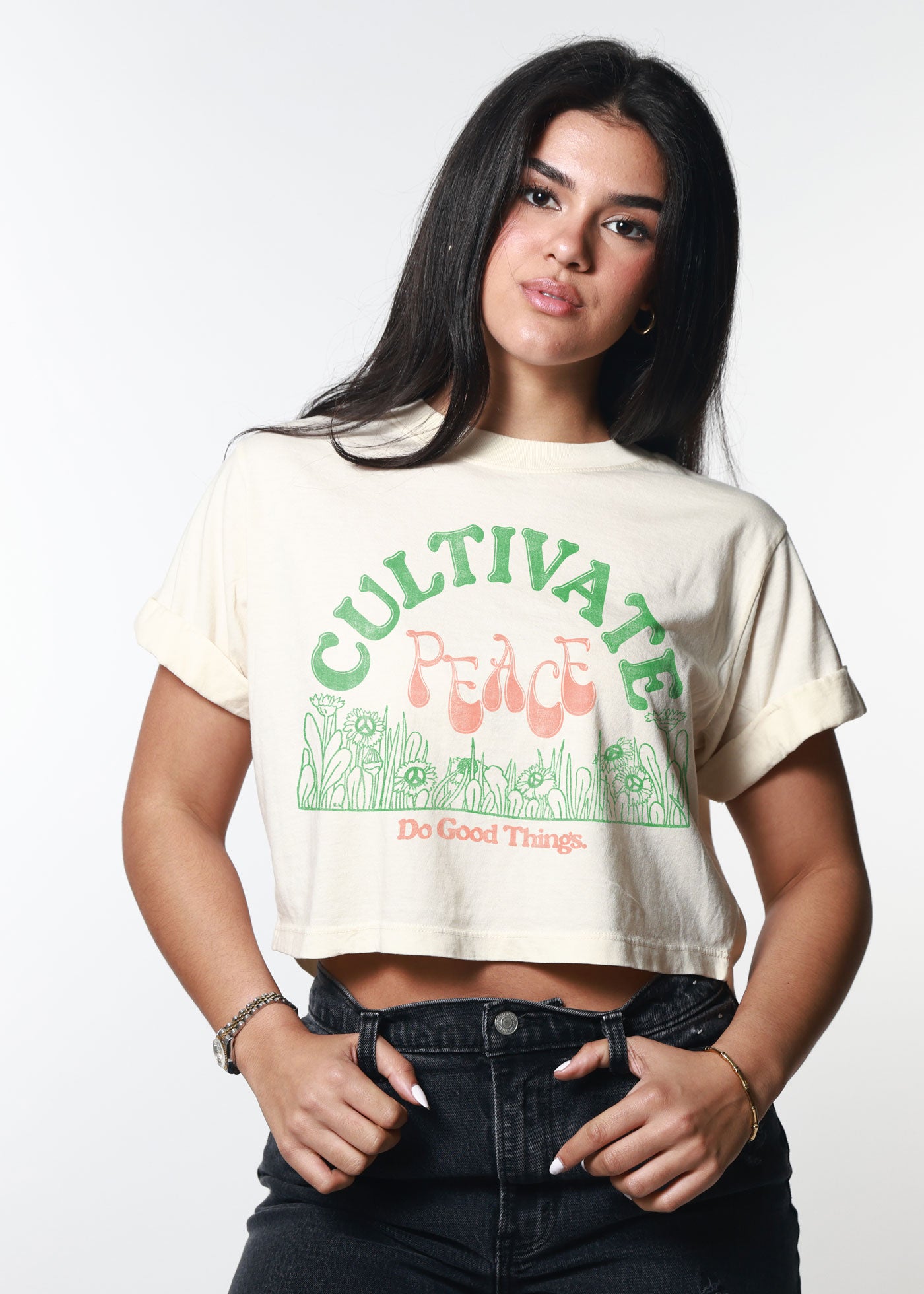 Cultivate Peace Off White Cropped Boyfriend Tee