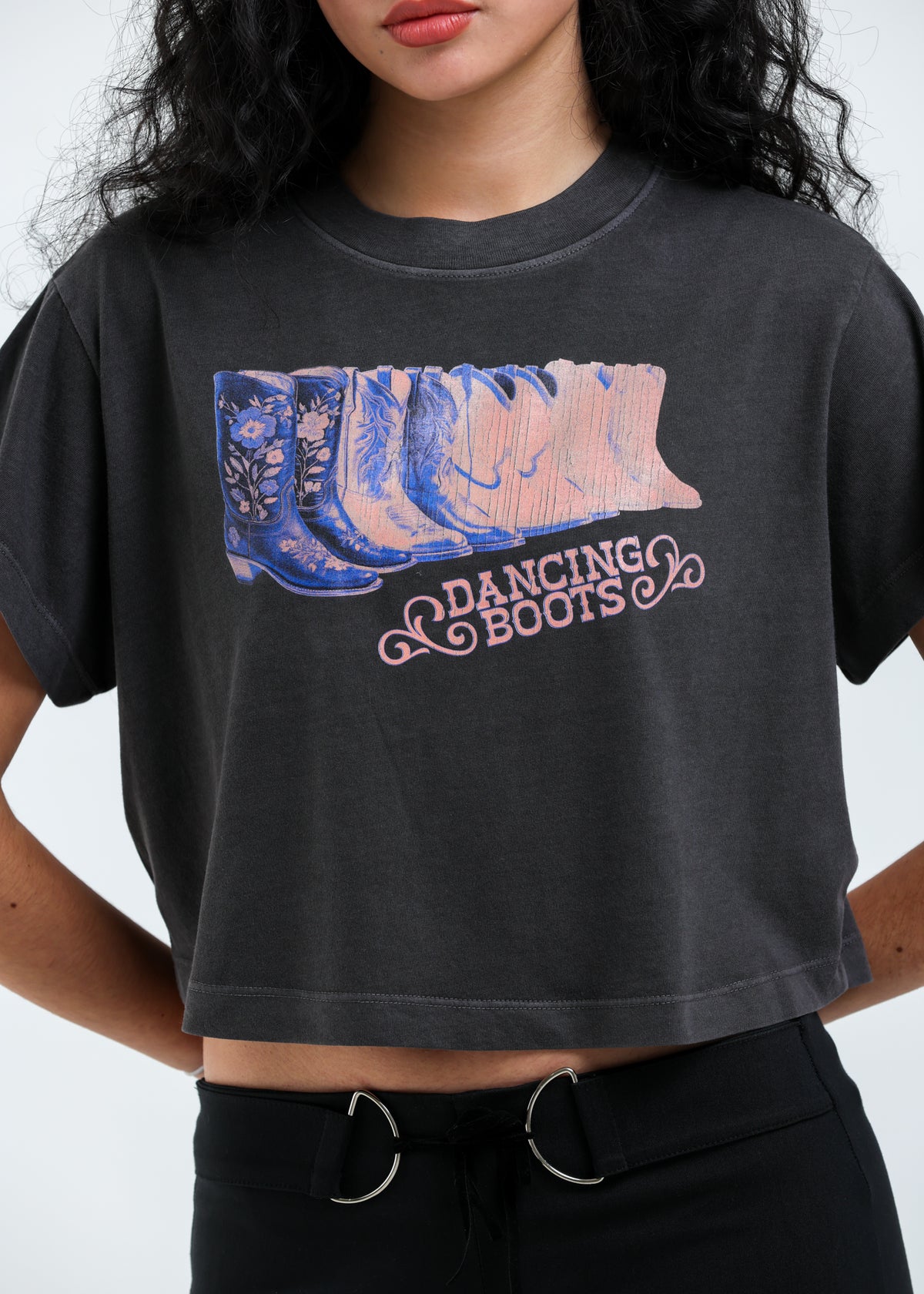 Dancing Boots Vintage Black Oversized Crop Tee