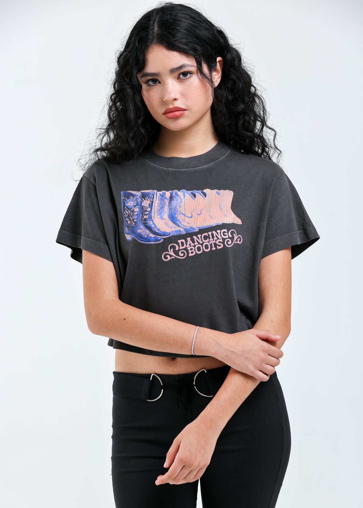 Dancing Boots Vintage Black Oversized Crop Tee