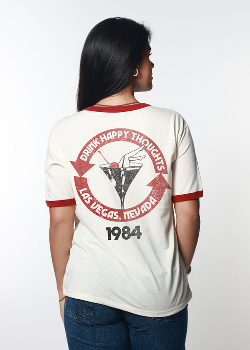 Drink Happy Thoughts Bone with Red Ringer Tee