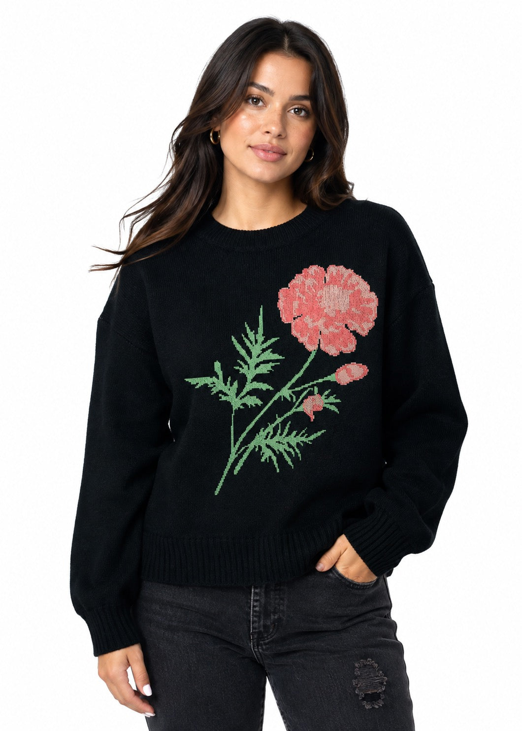 Flower Black Oversized Sweater