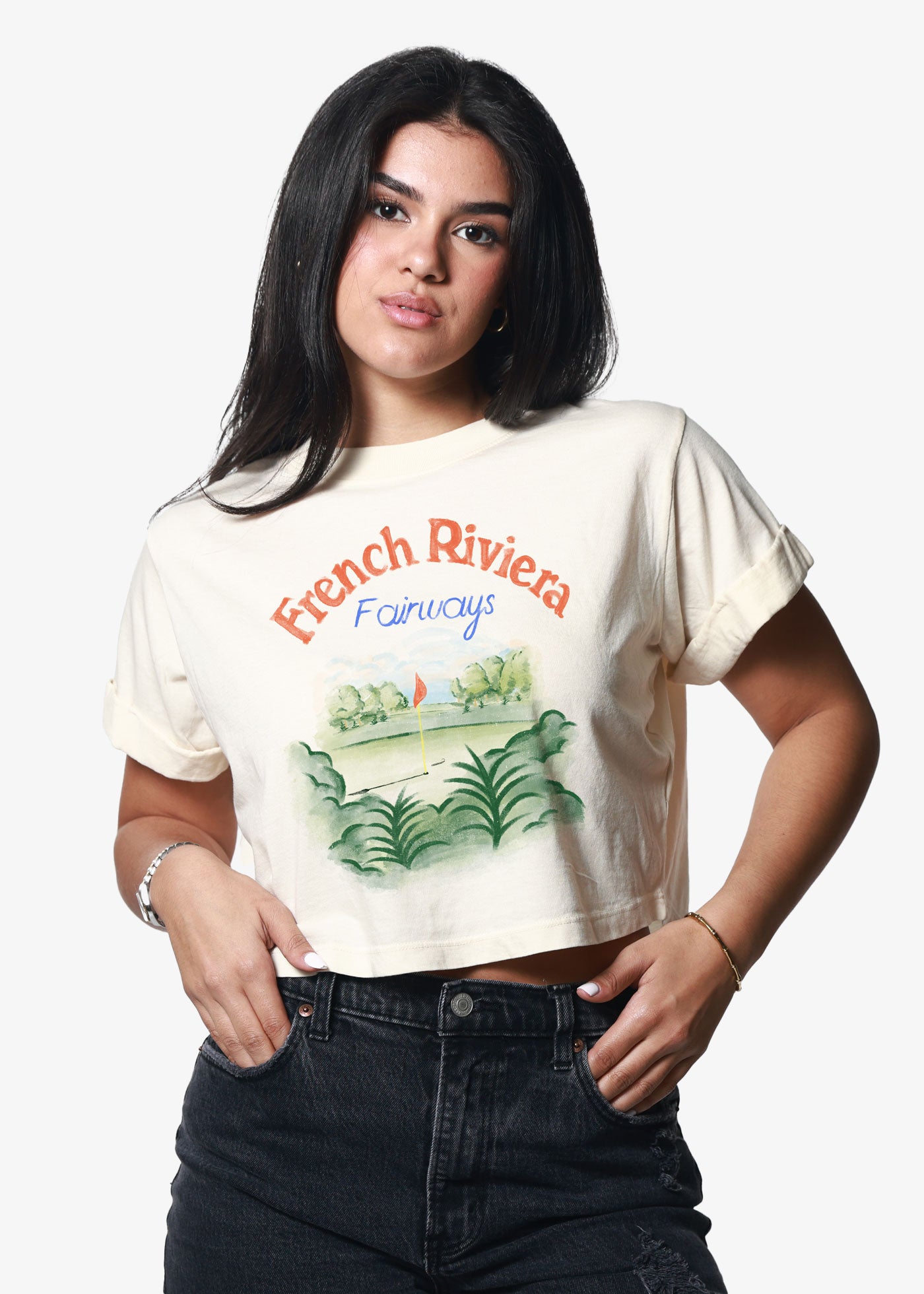 French Riviera Fairways Off White Cropped Boyfriend Tee