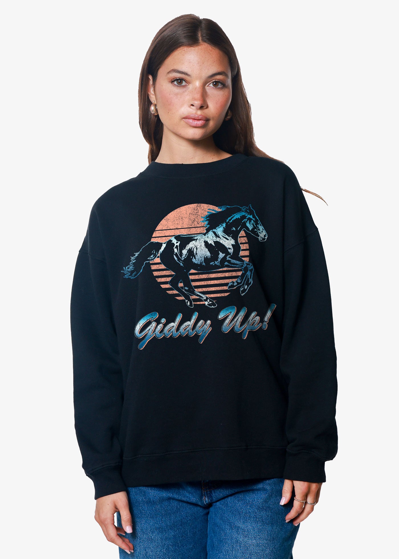 Giddy Up Oversized Black Crewneck Sweatshirt