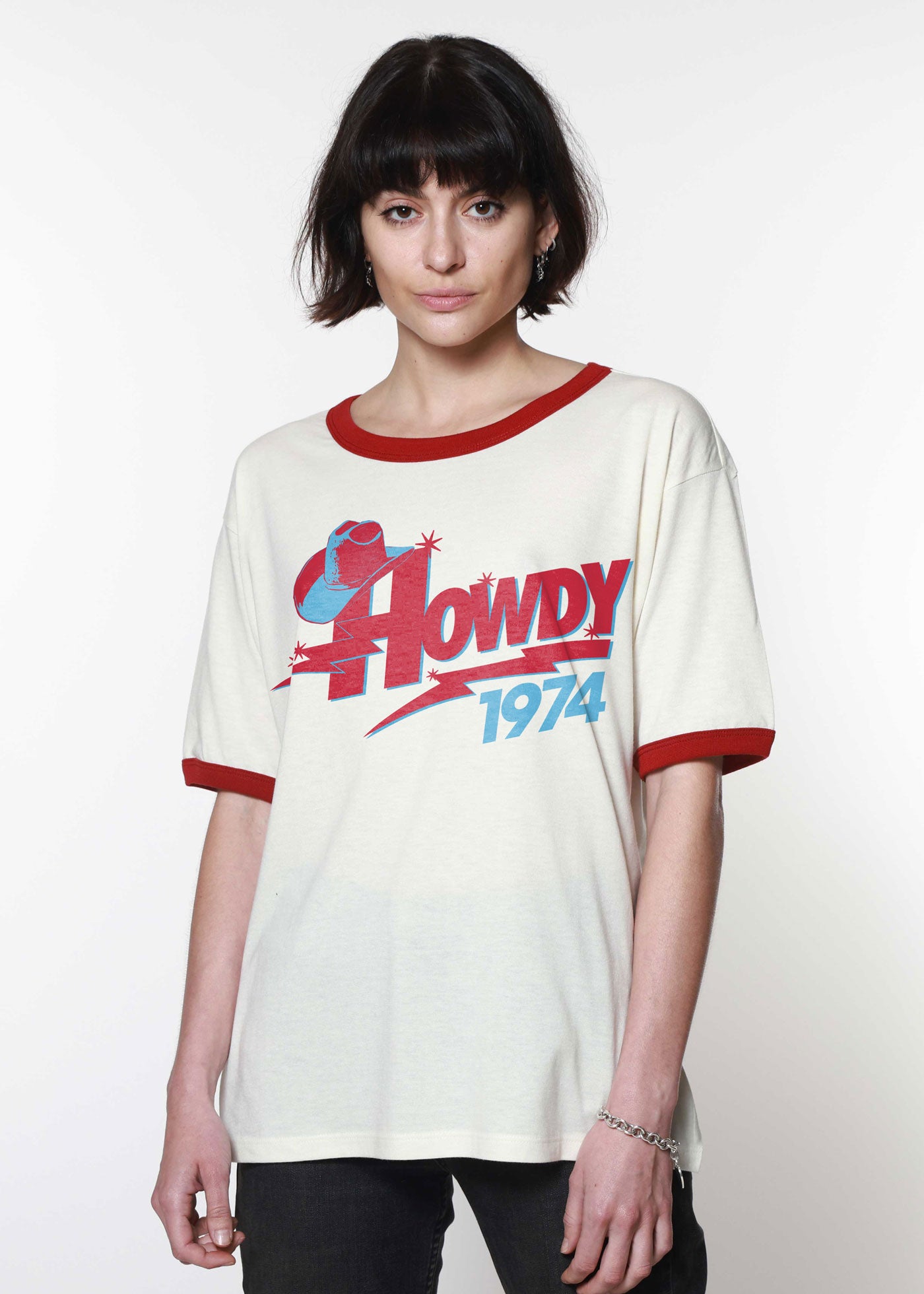 Howdy 1974 Bone & Red Slouchy Ringer Tee