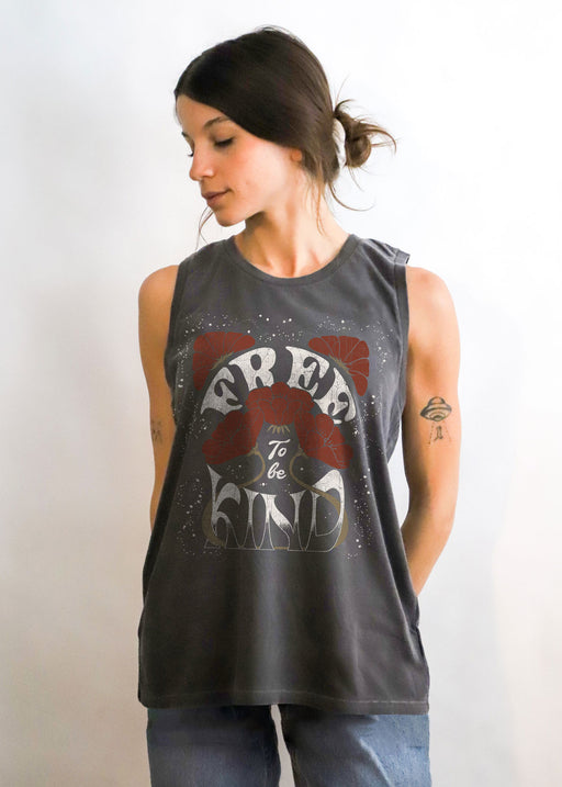 Free To Be Kind Flower Faded Black Muscle Tank