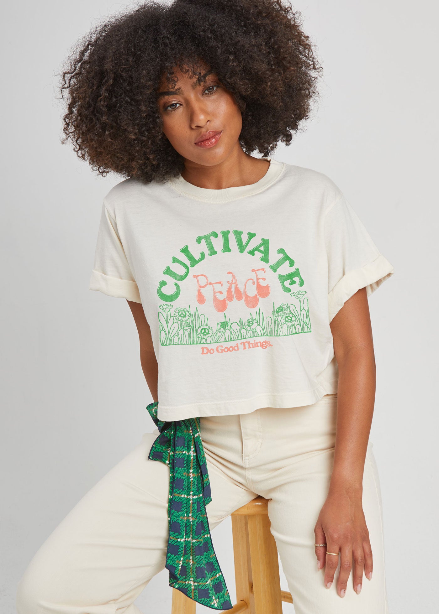 Cultivate Peace Off White Cropped Boyfriend Tee