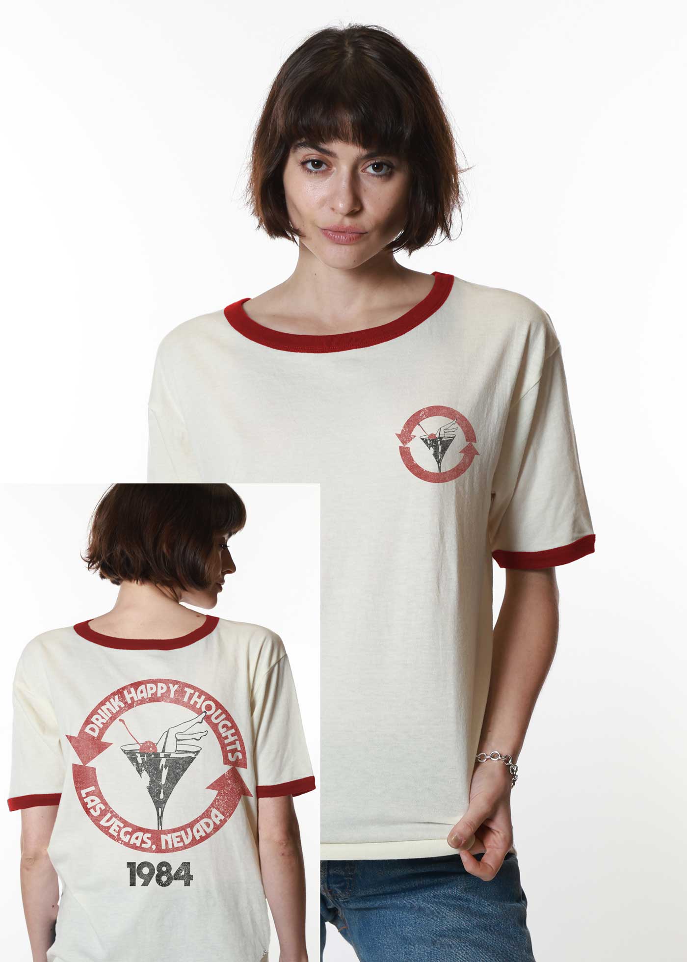 Drink Happy Thoughts Bone with Red Ringer Tee