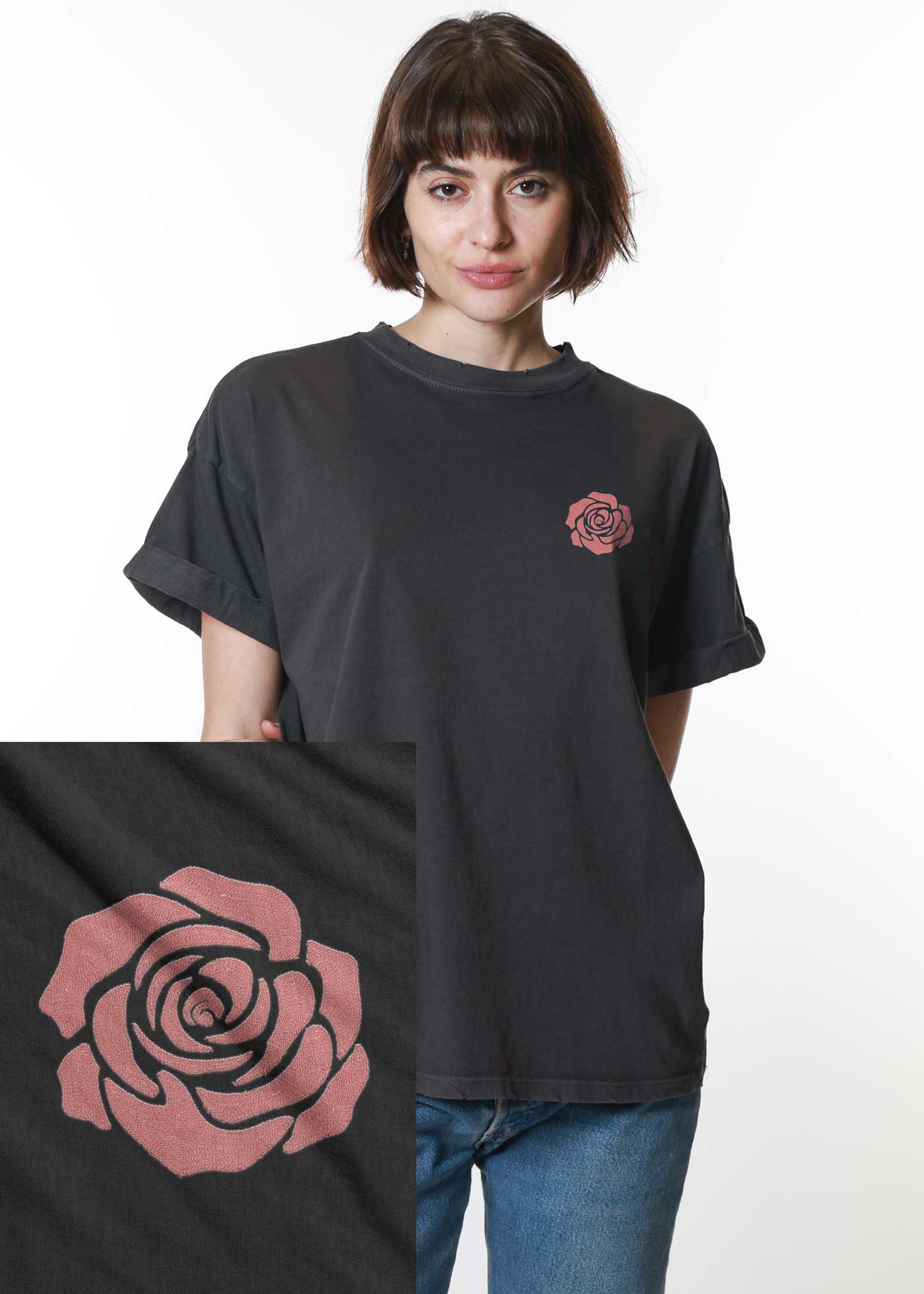 Rose Embroidered Vintage Black Boyfriend Tee