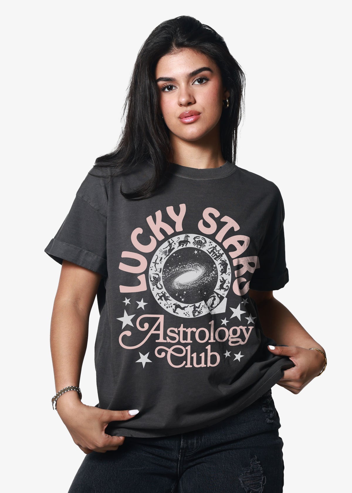 Girl Dangerous Lucky Stars Vintage Black Boyfriend Tee