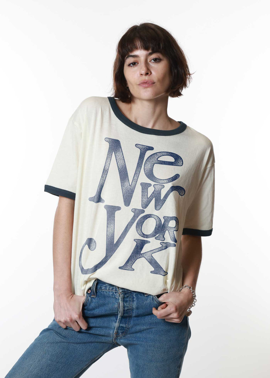 New York Type Bone with Navy Ringer Tee