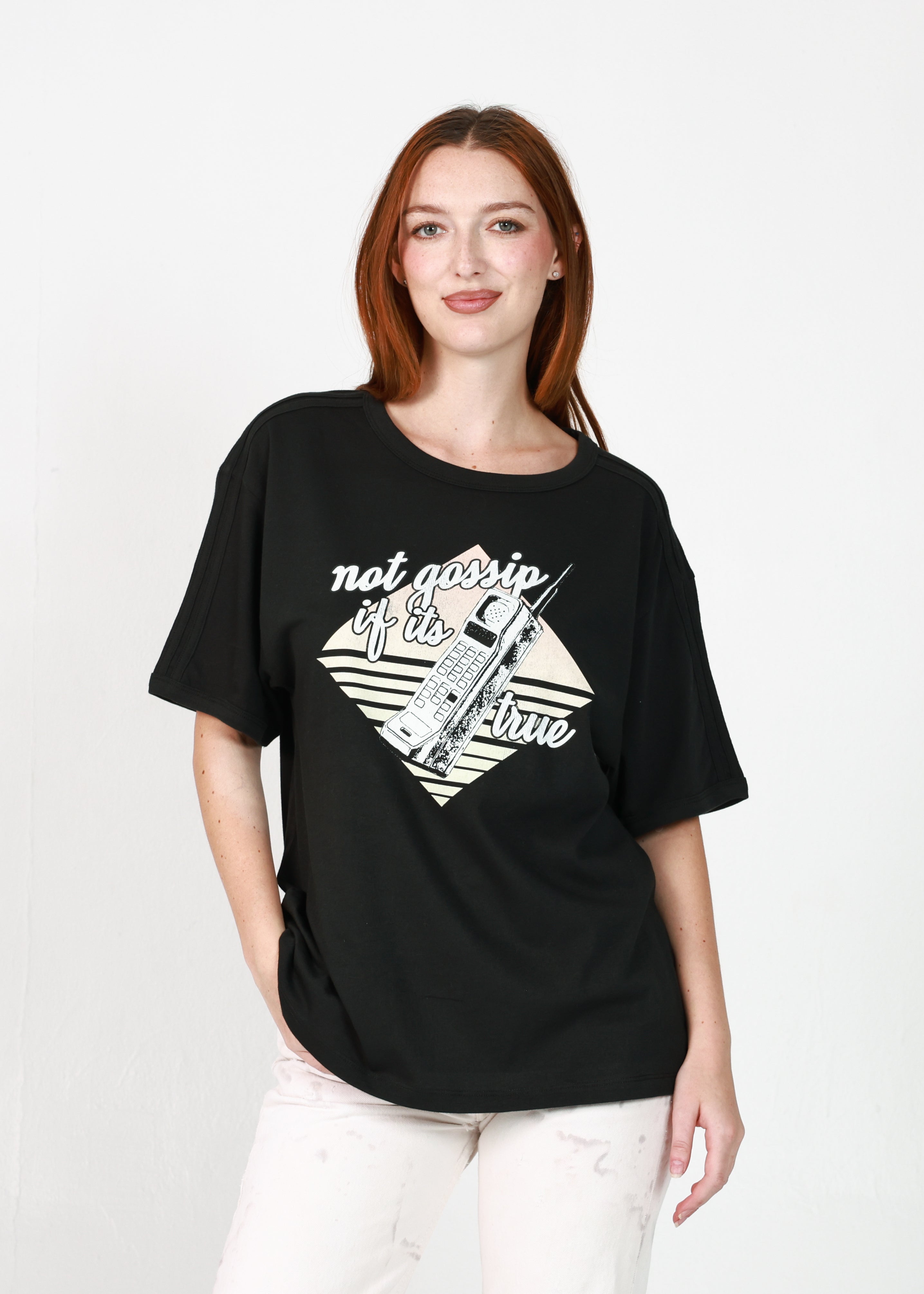 Not Gossip Black Relaxed Fit Two Stripe Ringer Tee