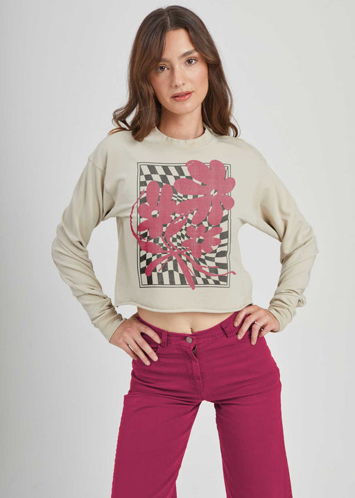 Op Art Flowers Taupe Cropped Sweatshirt