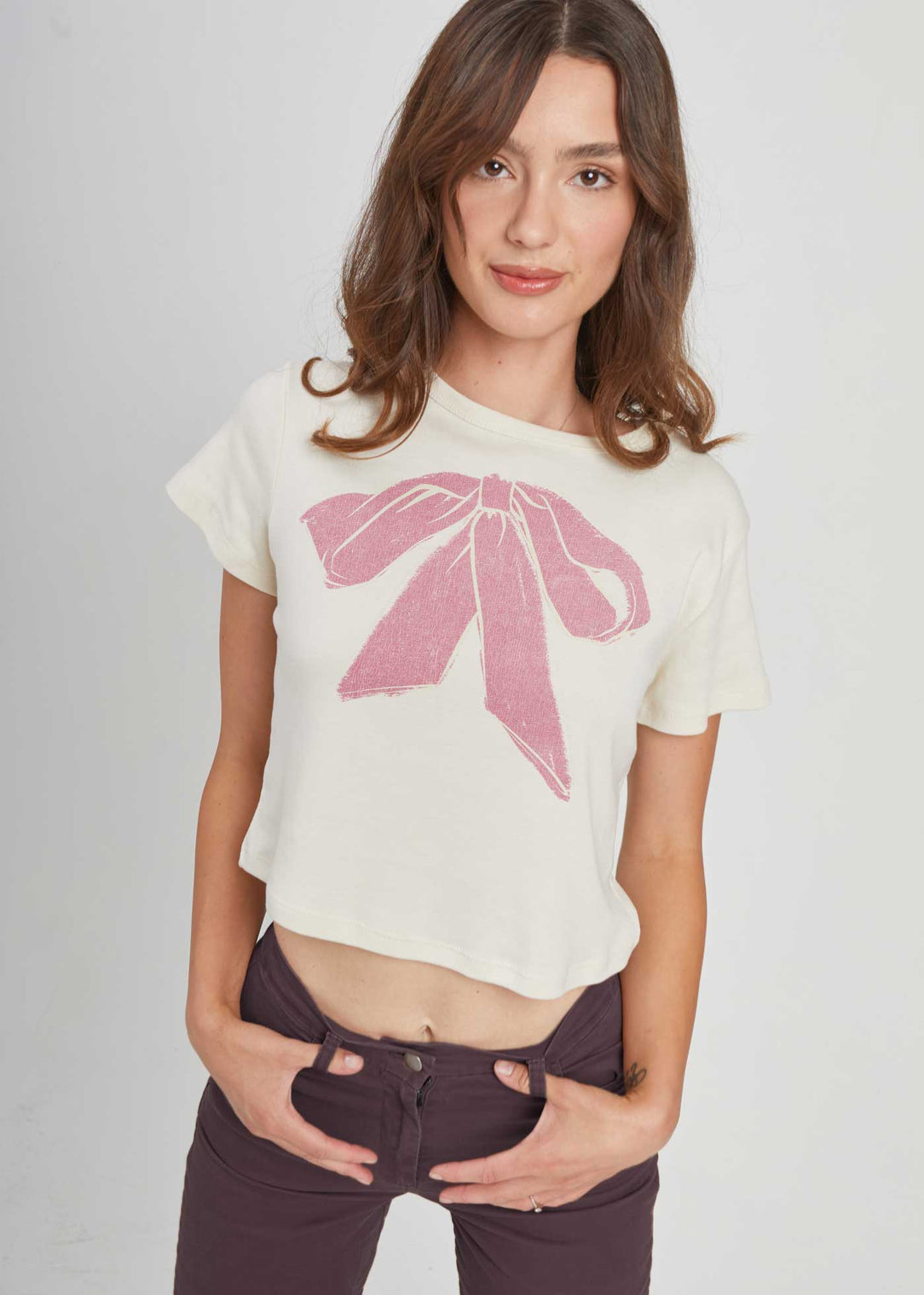 Pink Bow Off White Baby Tee