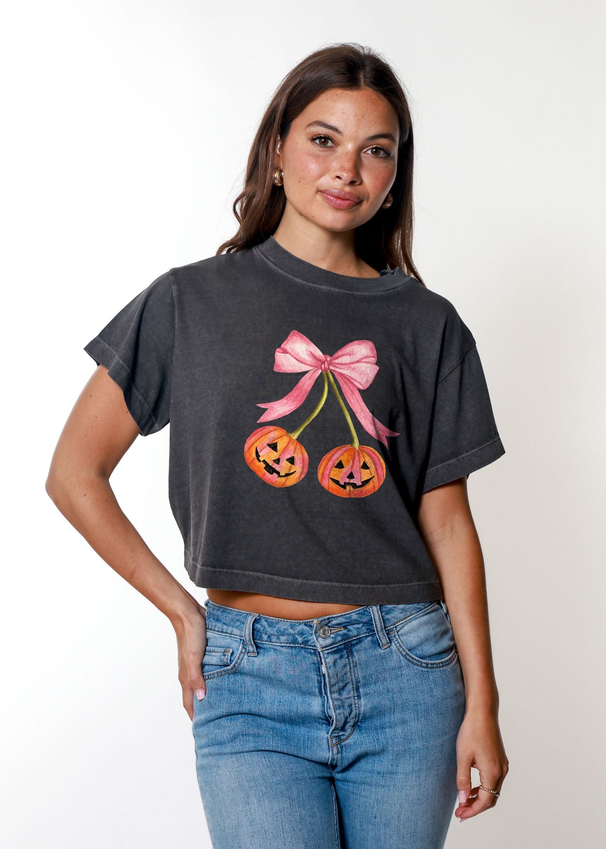Pumpkin Bow Vintage Oversized Crop Tee