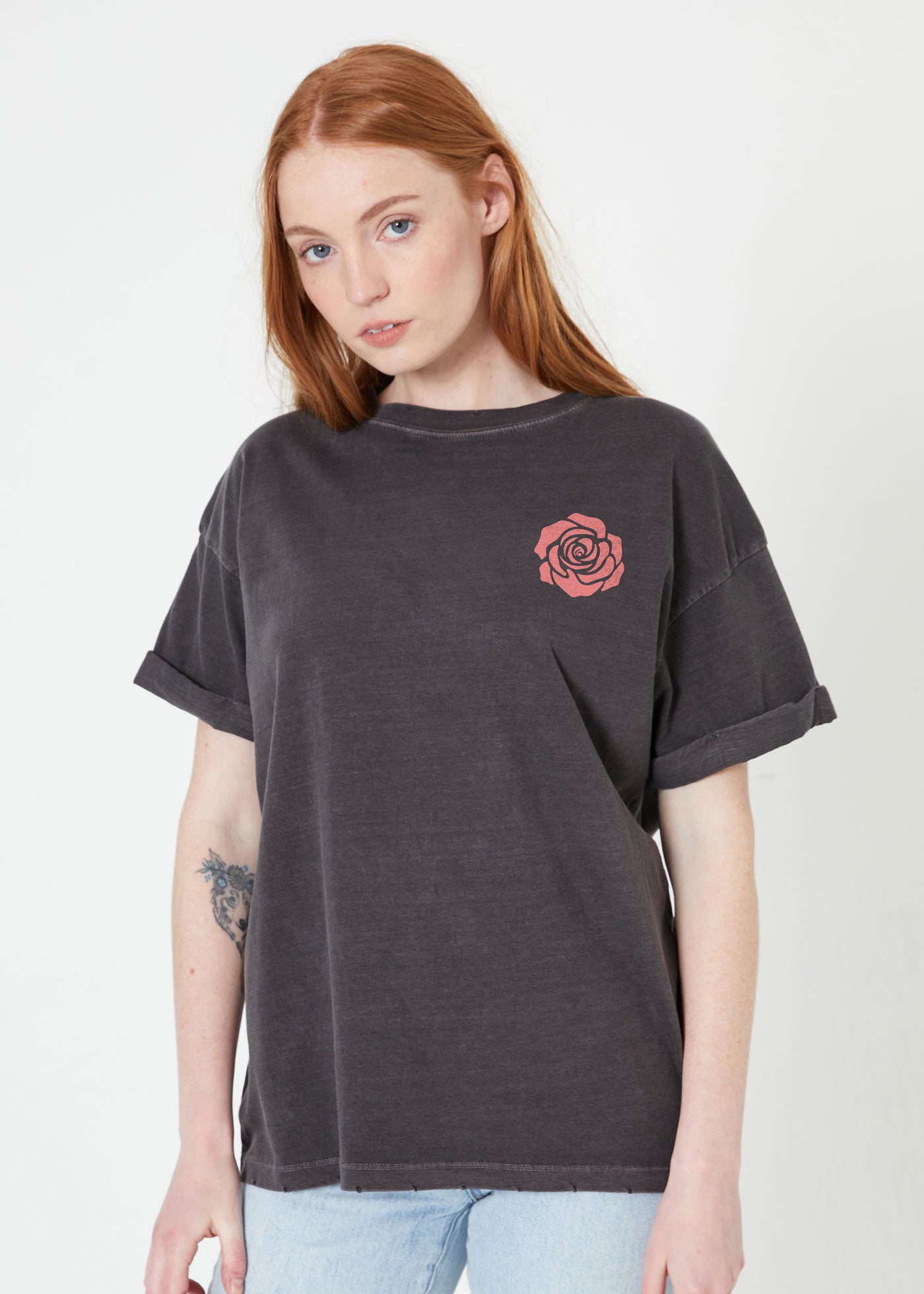 Rose Embroidered Vintage Black Boyfriend Tee