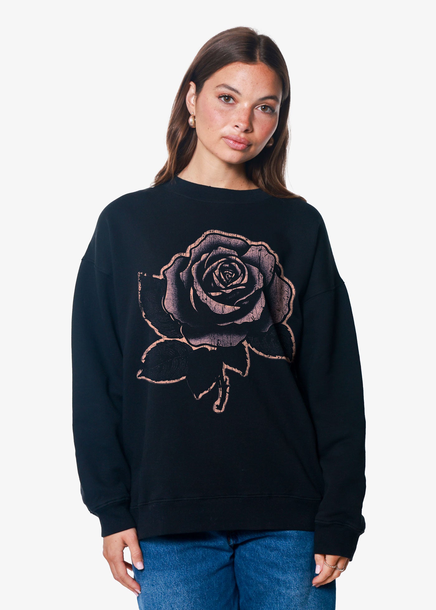 Rose Stencil Oversized Black Crewneck Sweatshirt