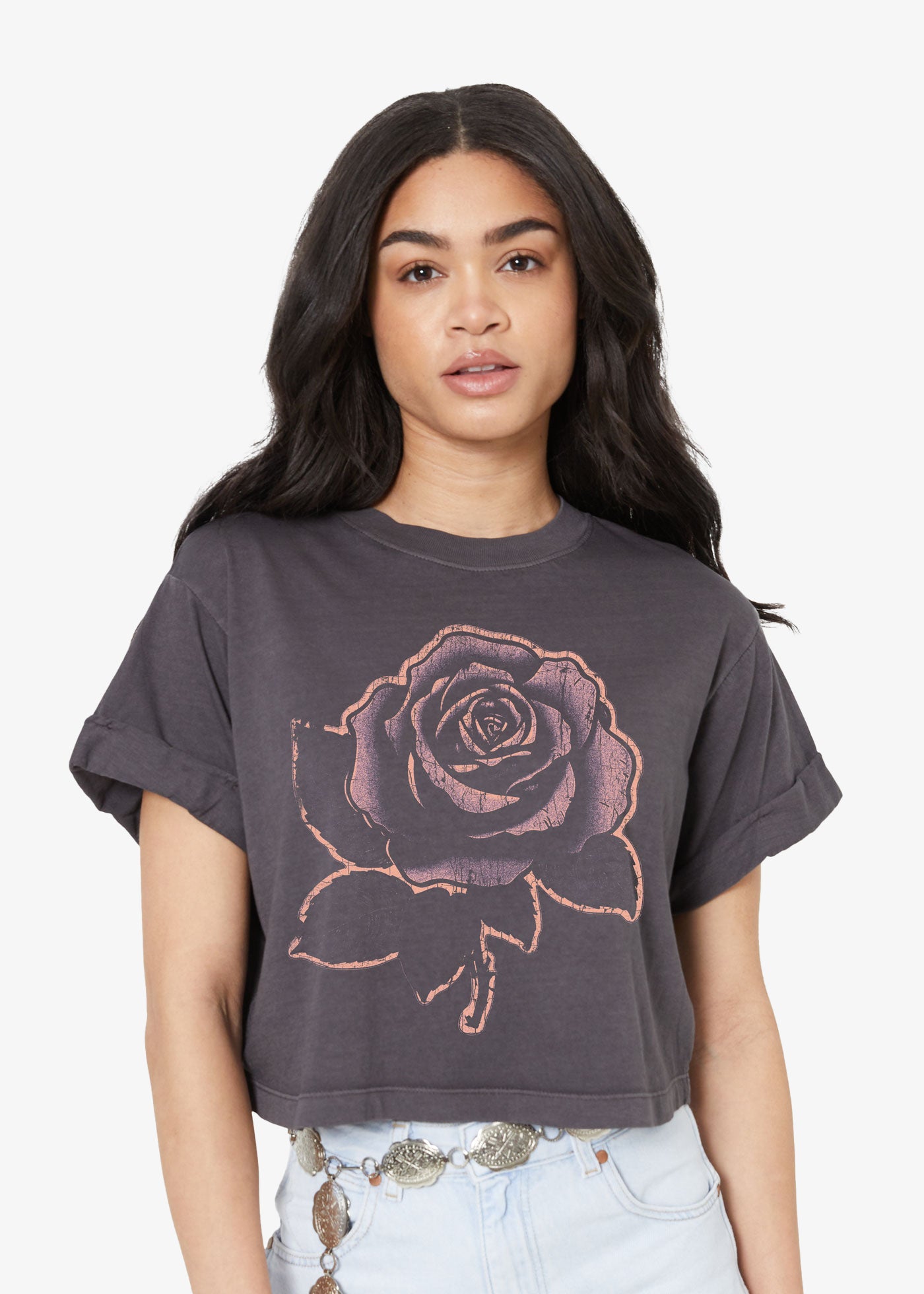 Rose Stencil Vintage Black Cropped Boyfriend Tee