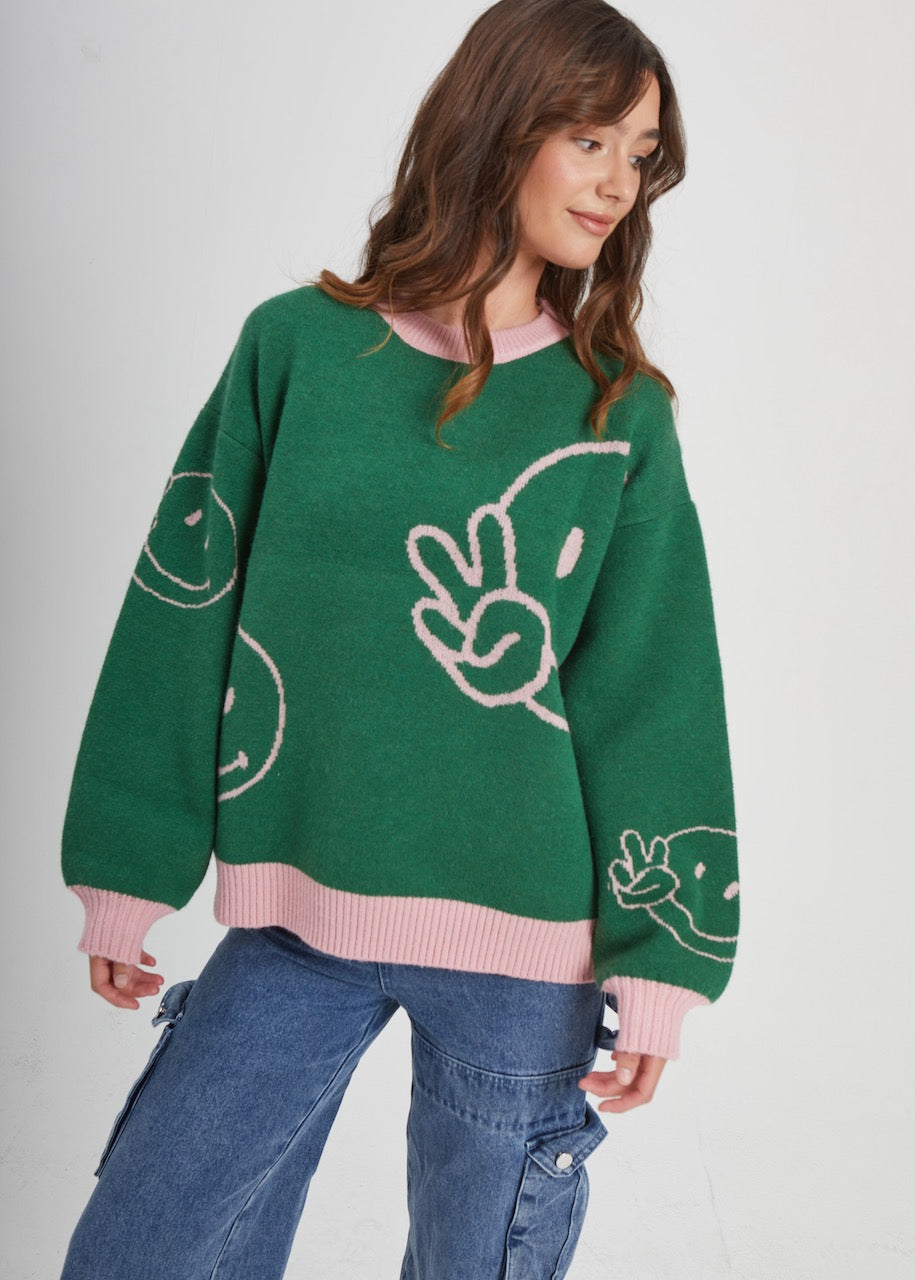 Smiley Faces Green Oversized Sweater