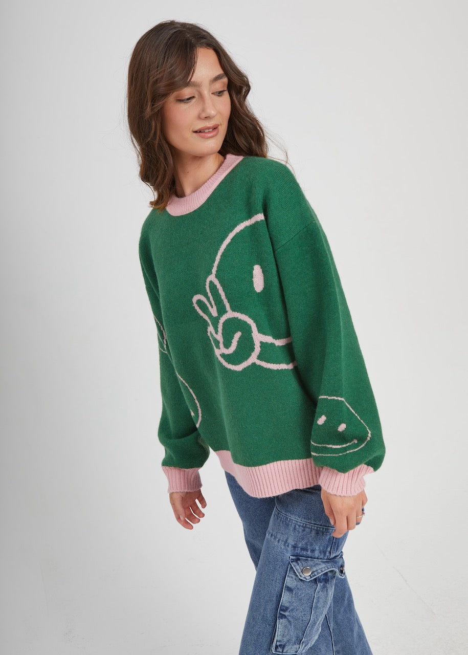 Smiley Faces Green Oversized Sweater