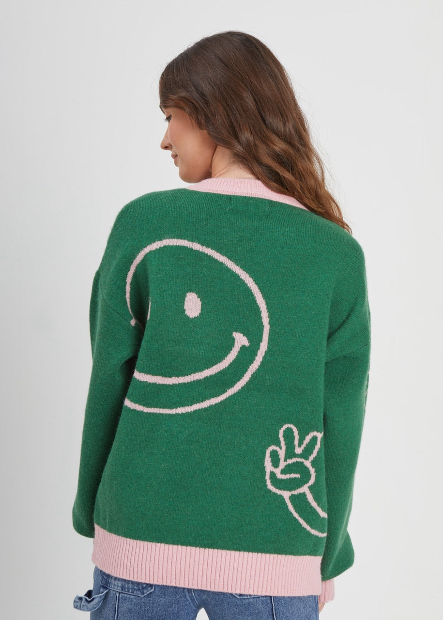 Smiley Faces Green Oversized Sweater