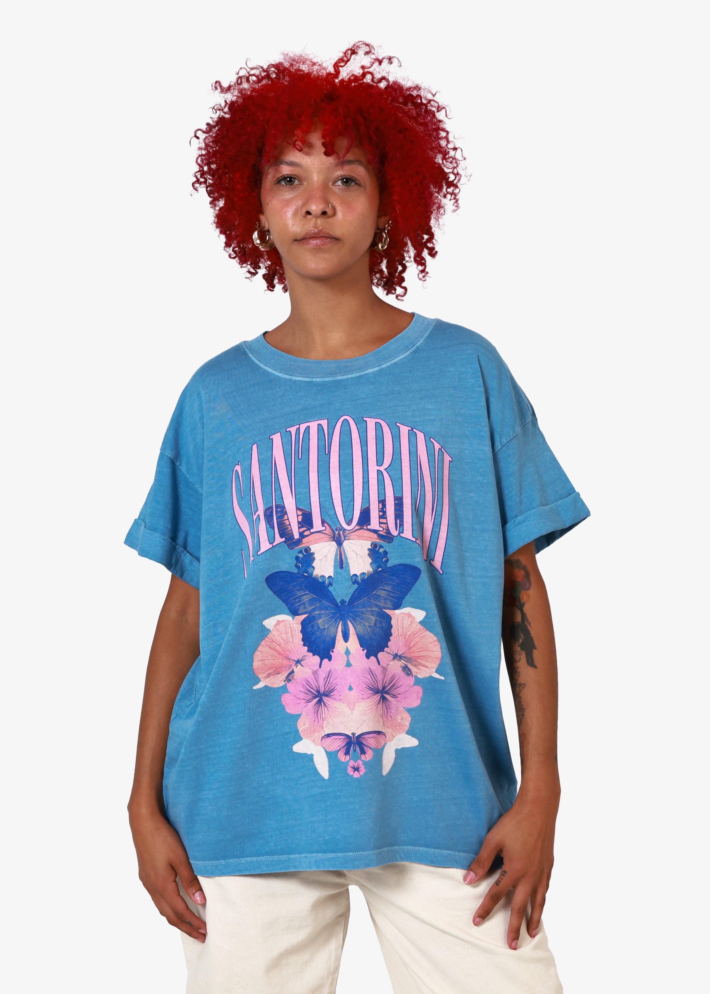 Santorini Butterflies Denim Blue Boyfriend Tee