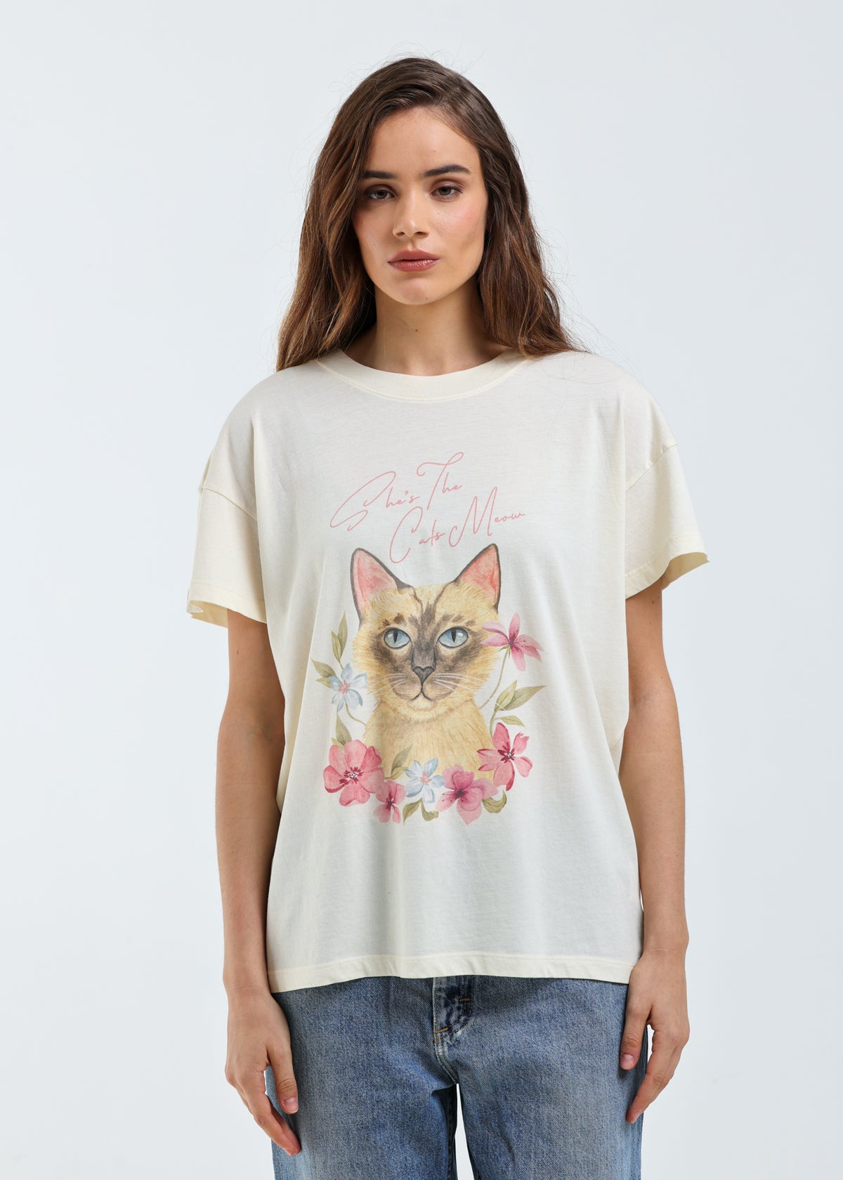 Shes Cats Meow Off White Oversized Tee