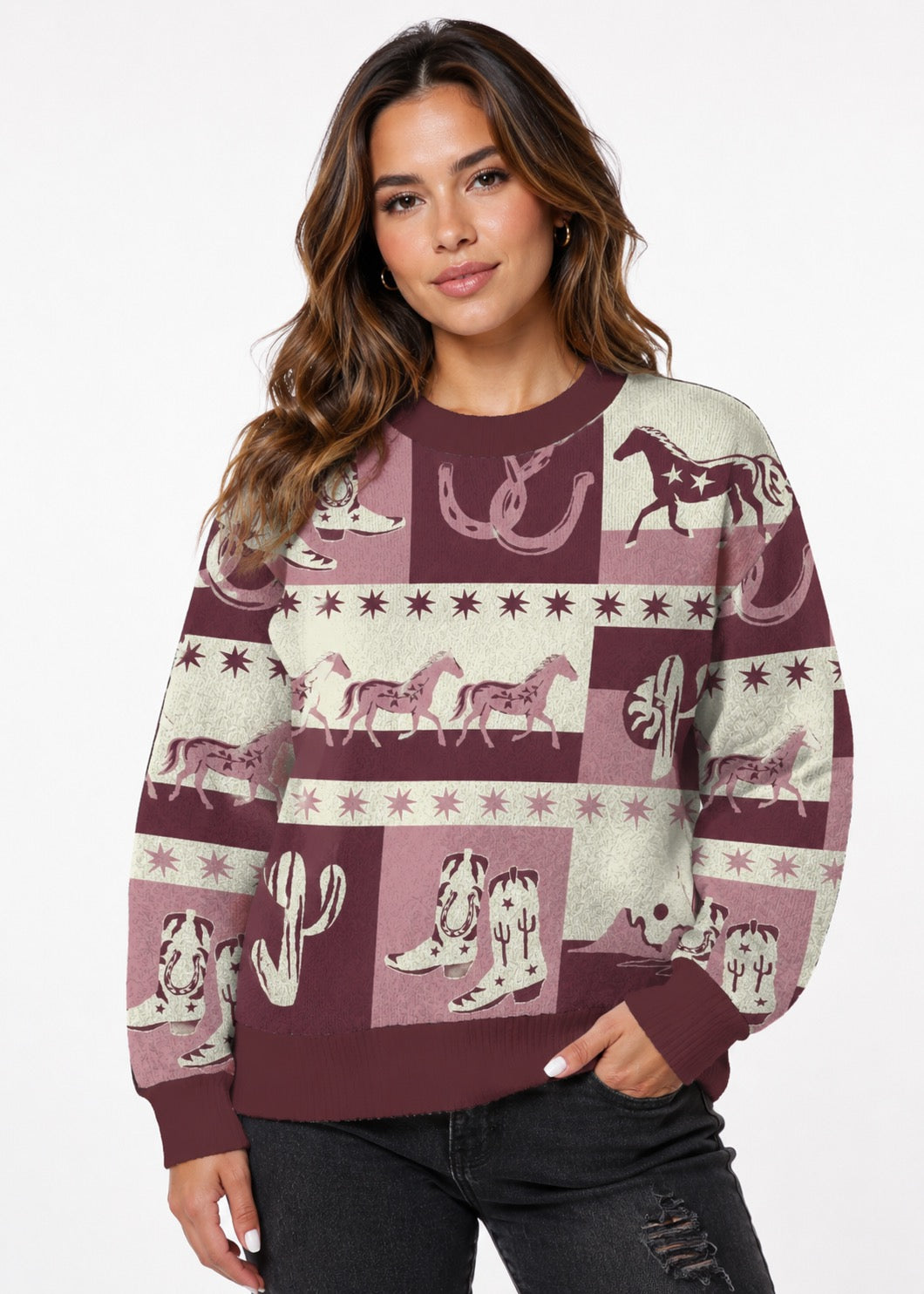 Western Print Dark Pink Oversized Sweater