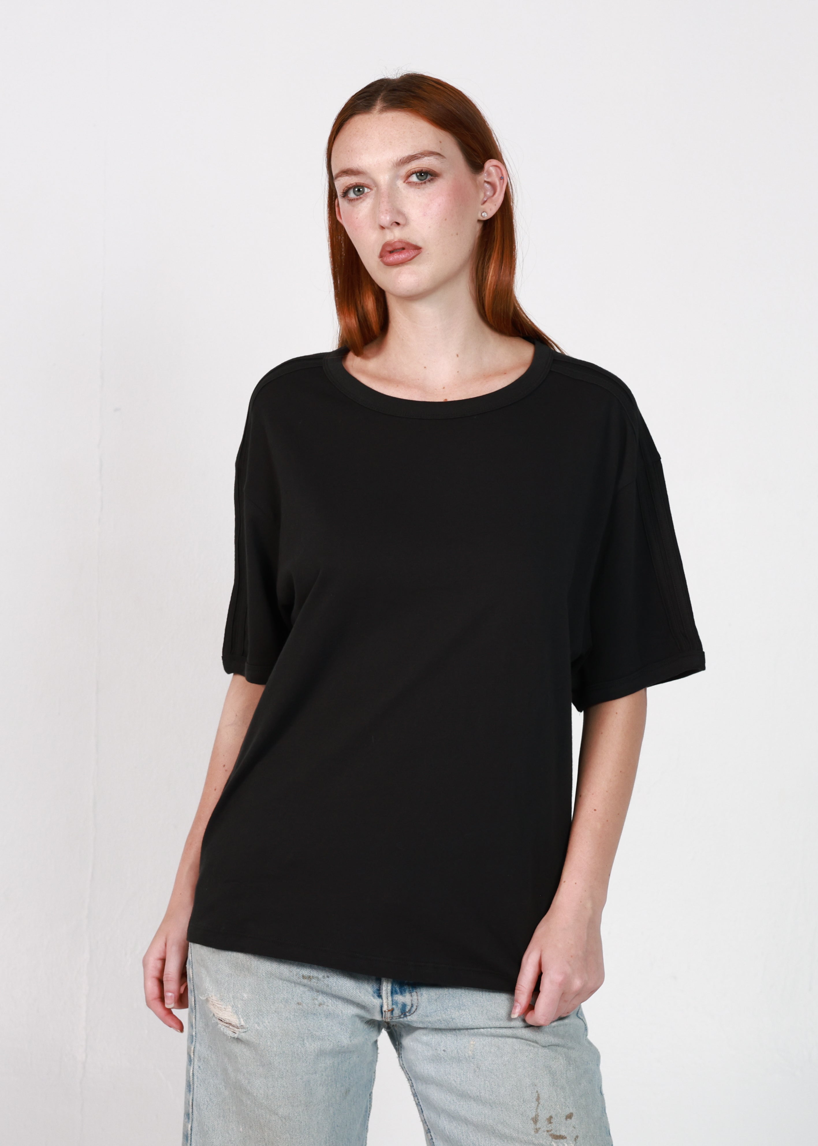 Black Relaxed Fit Two Stripe Ringer Tee