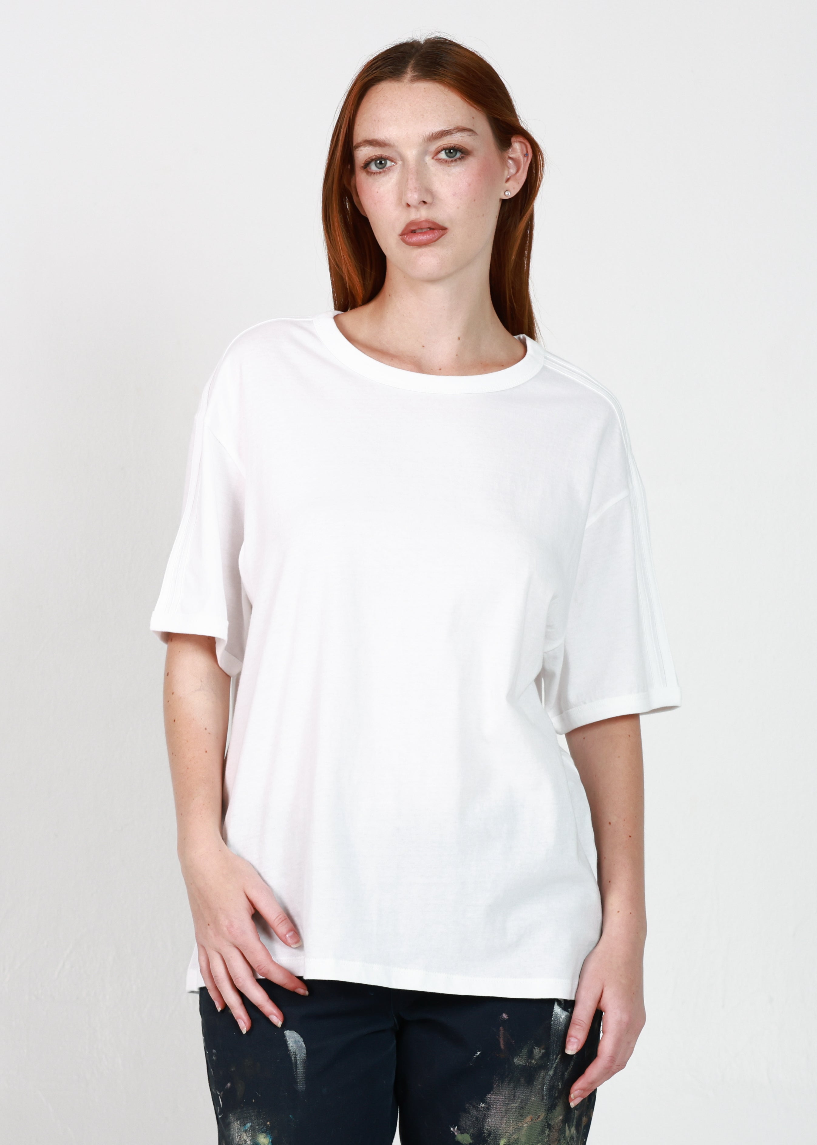 White Relaxed Fit Two Stripe Ringer Tee